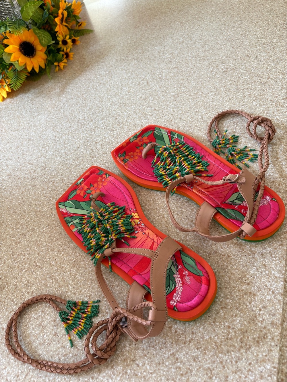 Women's Tropical Print Lace Up Beaded Sandal NWOT